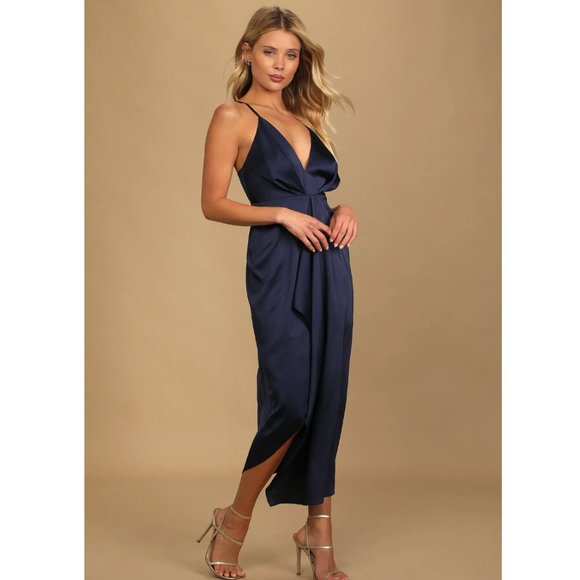 NWT Lulu's Caught Feelings Navy Blue Satin Ruffled Midi Dress - Navy - Size XS - Picture 2 of 12